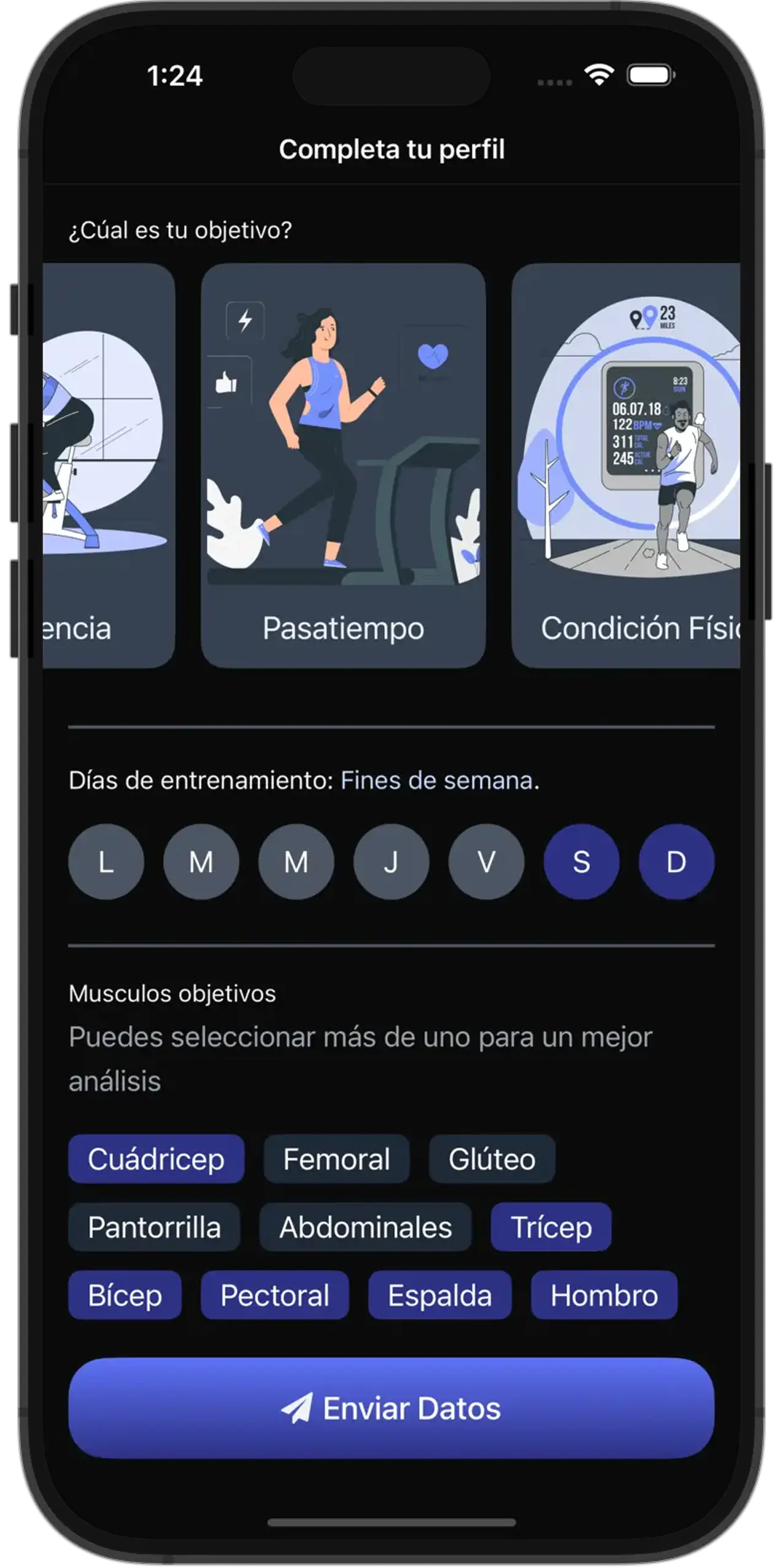 Device with a complete profile form on health app in dark mode.
