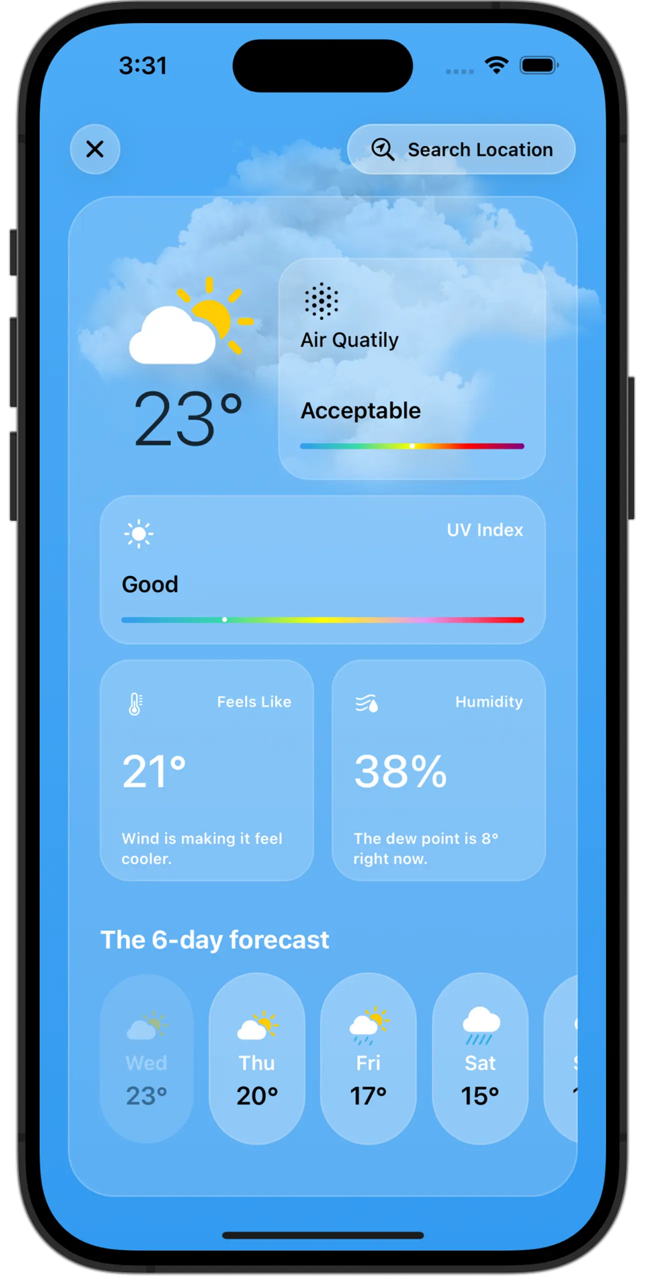 Device with the day weather overview of an weather app.