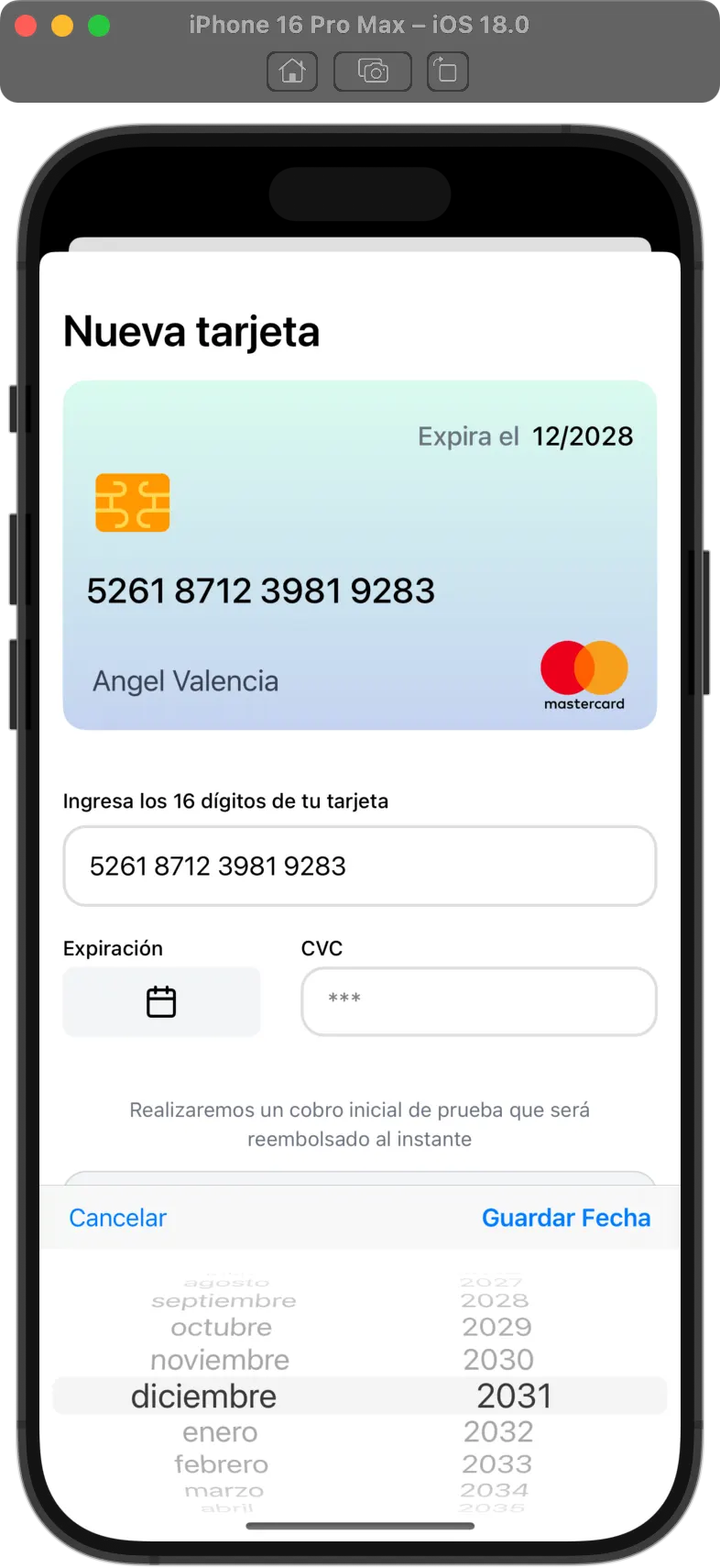 Screenshot of react native app with a credit card in light mode