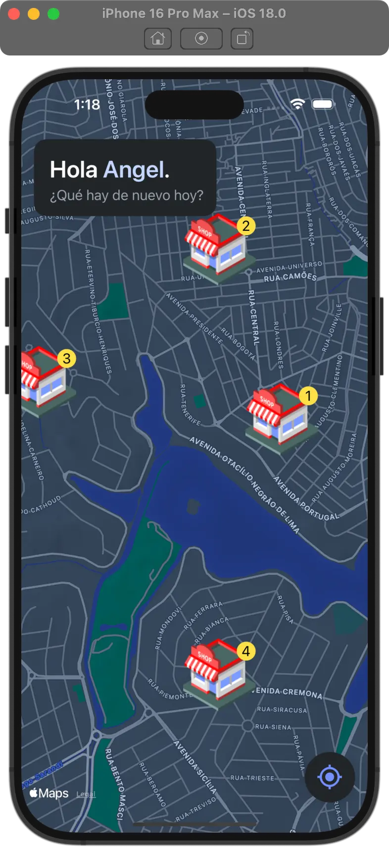 Screenshot of react native app with a map an nearby branches in dark mode